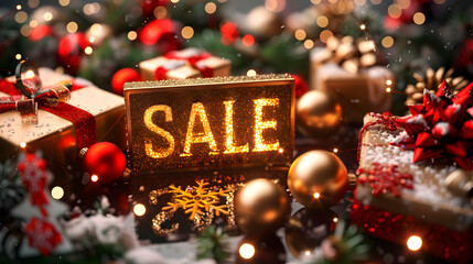 Glittering SALE sign surrounded by Christmas gifts, ornaments, and holiday lights, perfect for seasonal promotions and advertising.