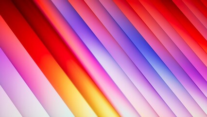 Vibrant diagonal stripes with smooth gradients in red, pink, purple, blue, and yellow tones. Bright abstract background with glowing color transitions. 3D render illustration