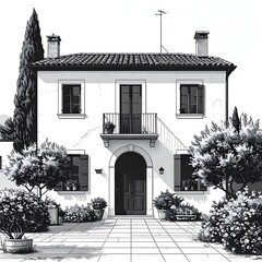 Detailed monochromatic illustration of a two-story house with brick patio and symmetrical shrubbery in a sunny scene