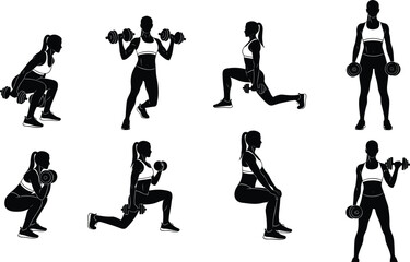 Female fitness silhouettes lifting dumbbells, performing squats, lunges, strength training exercises, showcasing workout technique, gym training, active lifestyle illustration set