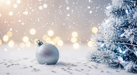 Silver bauble on snow with blurred lights and Christmas tree in background. Concept of winter season, festive atmosphere, holiday celebration, Xmas