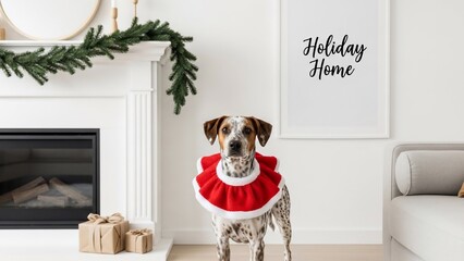 Festive Santa Dog with Red Collar Standing Proudly by a Decorated Fireplace with Gifts and Garland for a Joyful Holiday Home Celebration