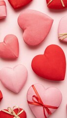 Red Glossy Heart Candies Background. Close-up of shiny red heart shaped candies forming a vibrant, seamless background. Perfect for Valentine&rsquo;s Day, love themes, sweetness, and celebration concepts.