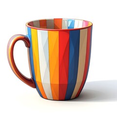 Colorful striped mug on white. Vertical bands in red, orange, blue, brown, & peach. Handle is shiny