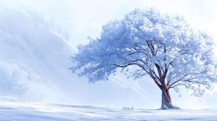 Fototapeta premium Solitary frost covered tree in a serene winter landscape with snow , ai generated image.