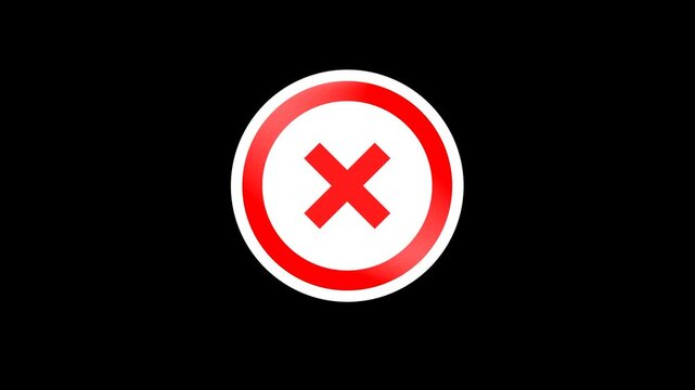 Animation of cross mark icon. red circle and white cross mark on black background.
