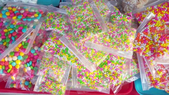 Variety of colorful candy at market stall, Mumbai city, India
