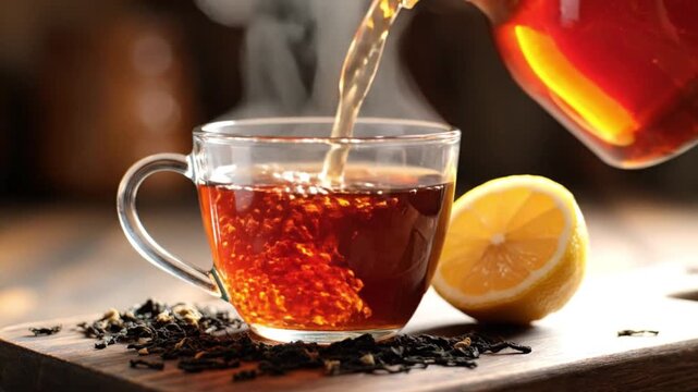Pouring Tea into Glass Cup with Lemon and Tea Leaves