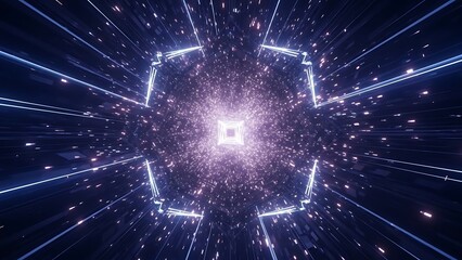 Naklejka premium Glowing purple and white light beam explosion in dark space with sparkling particles and hexagonal lines radiating outward