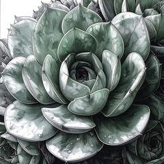 Detailed, monochromatic succulent rosette with droplet accents and soft, artistic rendering