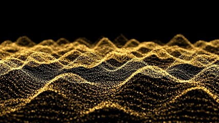 Golden wave pattern with sparkling particles on black background, abstract digital design element with glowing yellow lines and texture