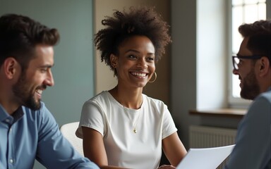 Collaboration, portrait and smile of business woman in boardroom with colleagues for planning. Corporate, face and meeting with happy African employee in professional workplace for career development