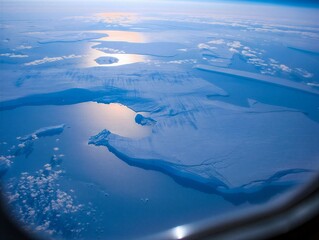 Aerial view shows a vast landscape of snow-covered mountains and ice fields under a clear sky. The scene captures the early morning light highlighting the icy terrain and rugged peaks.