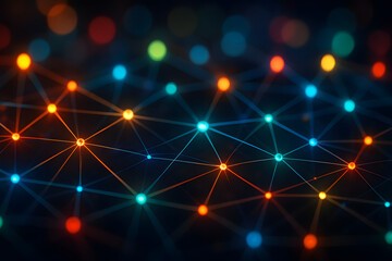 Interconnected Network: A luminous network of colorful points connected by glowing lines, illustrating the intricate web of digital information and technological advancement. 