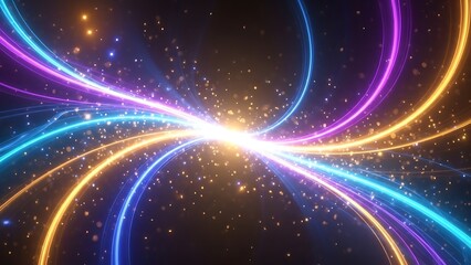 Vibrant multicolored neon light trails radiate from a bright central point against a starry dark background with sparkling particles