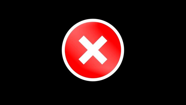 Animation of cross mark icon. red circle and white cross mark on black background.