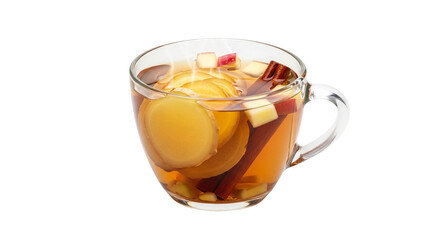 Spiced Apple and Ginger Infusion: A comforting and aromatic hot beverage crafted with fresh apple slices, invigorating ginger, and warm cinnamon sticks, served in a clear glass mug.