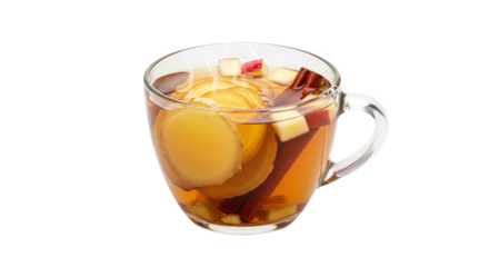 Spiced Apple and Ginger Infusion: A comforting and aromatic hot beverage crafted with fresh apple slices, invigorating ginger, and warm cinnamon sticks, served in a clear glass mug.