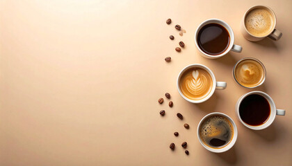 coffee cups with latte art on a pastel beige background