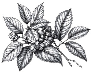 Detailed monochrome botanical illustration featuring leaves, berries, and branches in a high-contrast engraved style