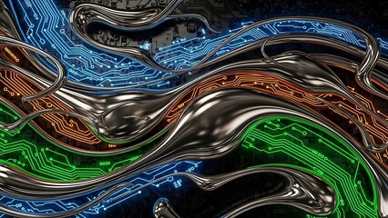 Vibrant circuit board design with metallic wires in blue, orange, green and silver hues, abstract technology background with glowing