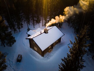 Cozy wooden cabin in winter forest with smoke rising from the chimney and soft light glowing from windows at dusk