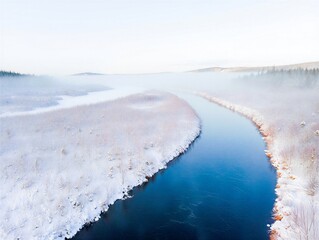 A river flows through a snowy landscape with frost-covered banks. Mist rises above the water, and trees line the river, creating a winter scene. The sky is clear with soft light.