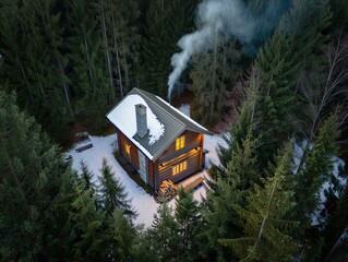 Cozy wooden cabin in winter forest with smoke rising from the chimney and soft light glowing from windows at dusk
