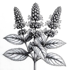 Detailed monochrome botanical illustration of a flowering herb, featuring intricate leaf venation and flower structure