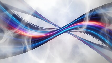 Vibrant blue and red light trails intersect on a smoky misty grey background with streaks of colorful neon lights