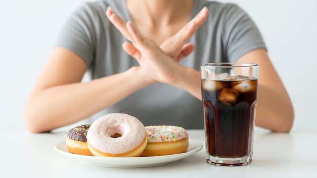 Say No to Sugar: Woman Refusing Donuts and Soda for Better Health