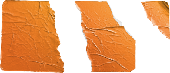 Torn and Folded Orange Metallic Sticker Pieces isolated on transparent background