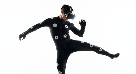 Motion Capture Artist: A man in a sleek black motion capture suit, adorned with tracking markers, wears a virtual reality headset and performs a dynamic dance move.