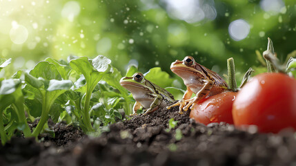 Fototapeta premium Frogs sitting on moist soil near fresh vegetables, creating serene garden atmosphere