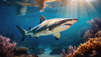 Fototapeta premium Shark gracefully swimming, vibrant coral reef, sun rays piercing clear ocean water 
