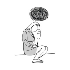 Continuous single line sketch drawing of business woman in depression, stressed, and despair. One line art vector illustration editable stroke