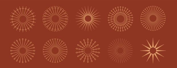 Celestial sun logo with flowing boho lines and starburst rays. Sacred geometry design ideal for spiritual projects, yoga studios, and esoteric illustration themes