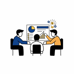 Business team analyzing data presentation with charts and graphs.