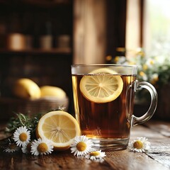 Hot lemon tea with chamomile flowers on a rustic wooden table
