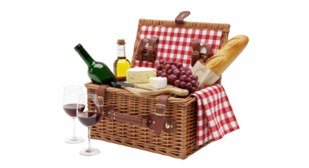 Wicker Picnic Basket with Red Gingham, Wine, Cheese, Grapes, Bread, Glasses food