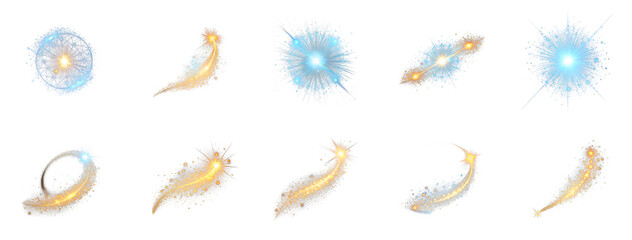 Collection of Glowing particle trail isolated on transparent background