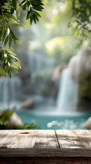 Rustic Wooden Table in Lush Tropical Orchard with Durian Fruit