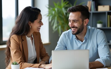 Obraz premium Two happy diverse professional colleagues Latin business man and Asian woman corporate executives working together in office using laptop, talking and looking at computer, having meeting discussion.
