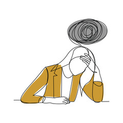 Continuous single line sketch drawing of business woman in depression, stressed, and despair. One line art vector illustration editable stroke
