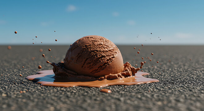 Fallen Chocolate Ice Cream Scoop on Asphalt