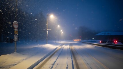 Snowfall on a dark road with streetlights and train tracks