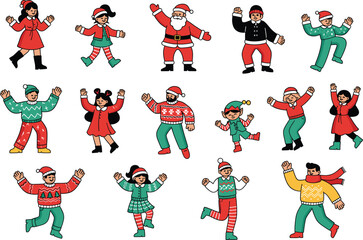 Christmas cartoon characters in festive outfits, joyful poses, Santa, elf, men, women, children holiday celebration vector illustration set