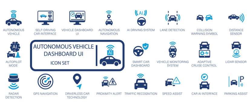 Autonomous Vehicle Dashboard UI icon set. Includes symbols for self-driving, AI navigation, collision warning, adaptive cruise control, Lidar, Radar, and smart car systems.