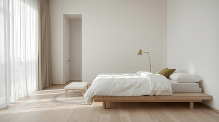 Luxury home bedroom interior design with comfortable bed, pillows, lamps, and wood furniture