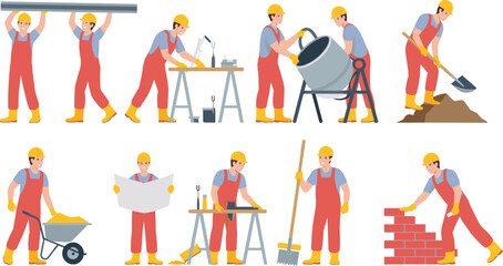 Construction workers performing various tasks with tools, safety gear, teamwork and building activities vector illustration set